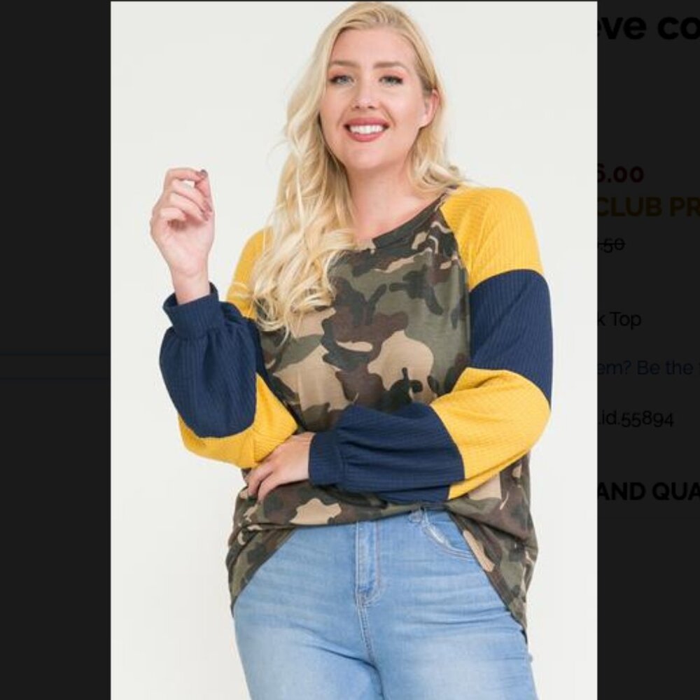 Story Teller Raglan sleeve color block Camo top Size 1X